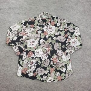 Point & Line Shirt Womens S Small Black Button Up Long Sleeve Floral Casual